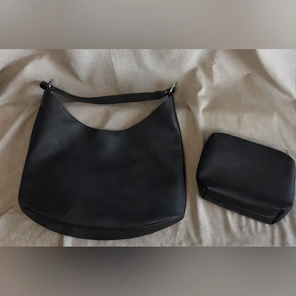Set of Black Leather Boho Hobo Bag & Makeup Pouch Bundle | Minimalist Shoulder